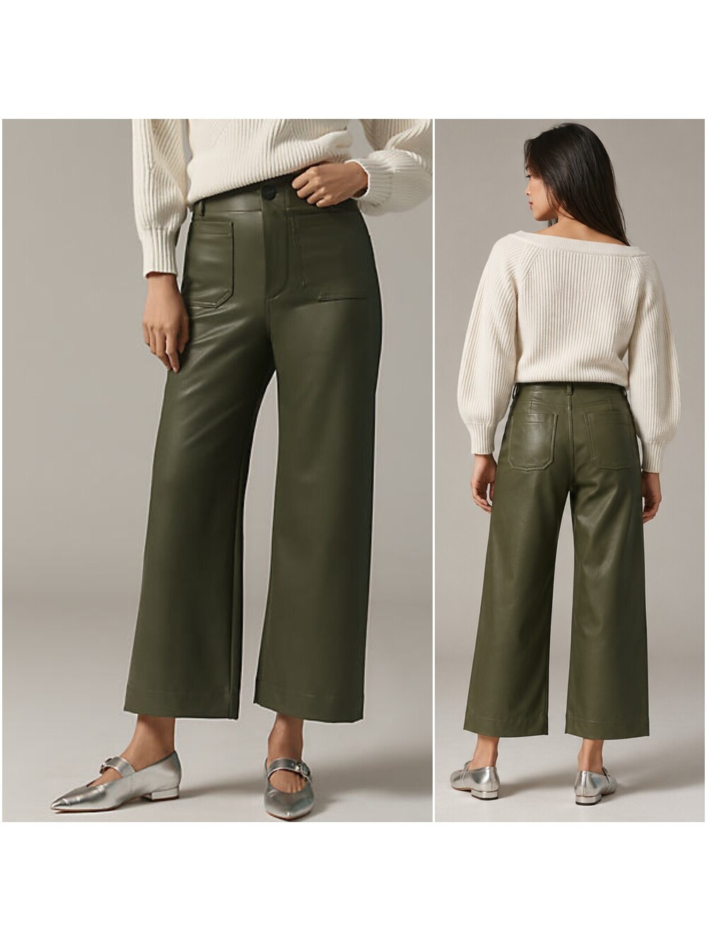Maeve The Colette Cropped Wide Leg Trousers Vegan Leather MOSS